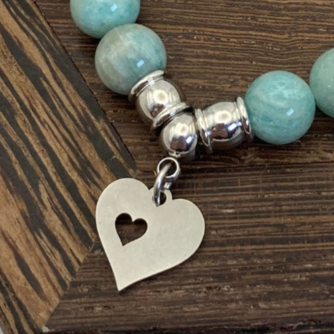 8mm & 4mm Amazonite Heart Charm Stretch Bracelet Set - Standard & Relaxed-Fit!