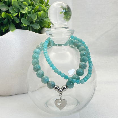 8mm & 4mm Amazonite Heart Charm Stretch Bracelet Set - Standard & Relaxed-Fit!