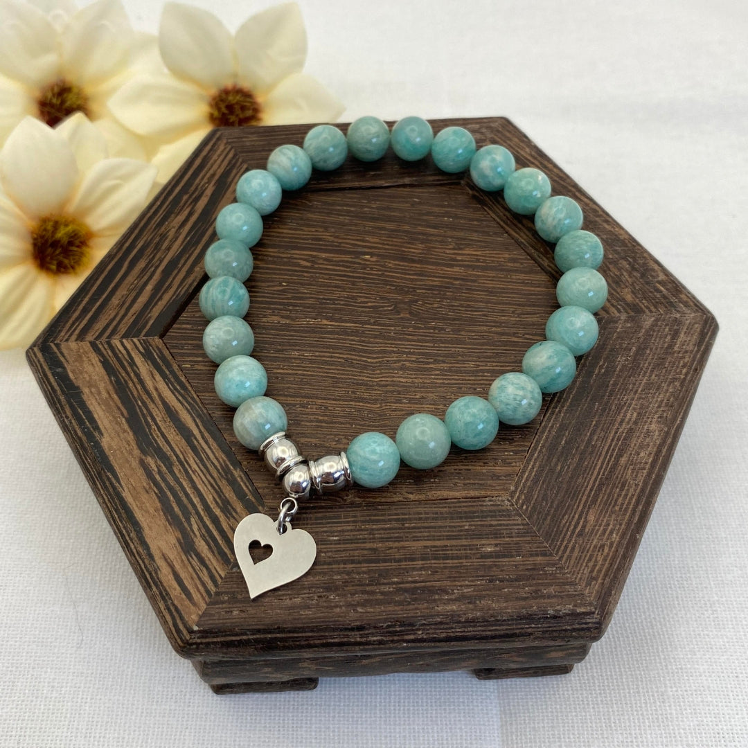 8mm & 4mm Amazonite Heart Charm Stretch Bracelet Set - Standard & Relaxed-Fit!