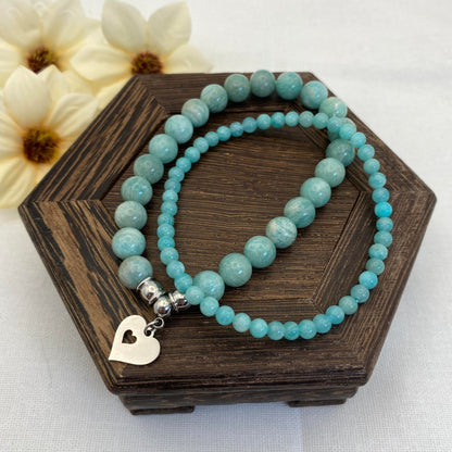 8mm & 4mm Amazonite Heart Charm Stretch Bracelet Set - Standard & Relaxed-Fit!