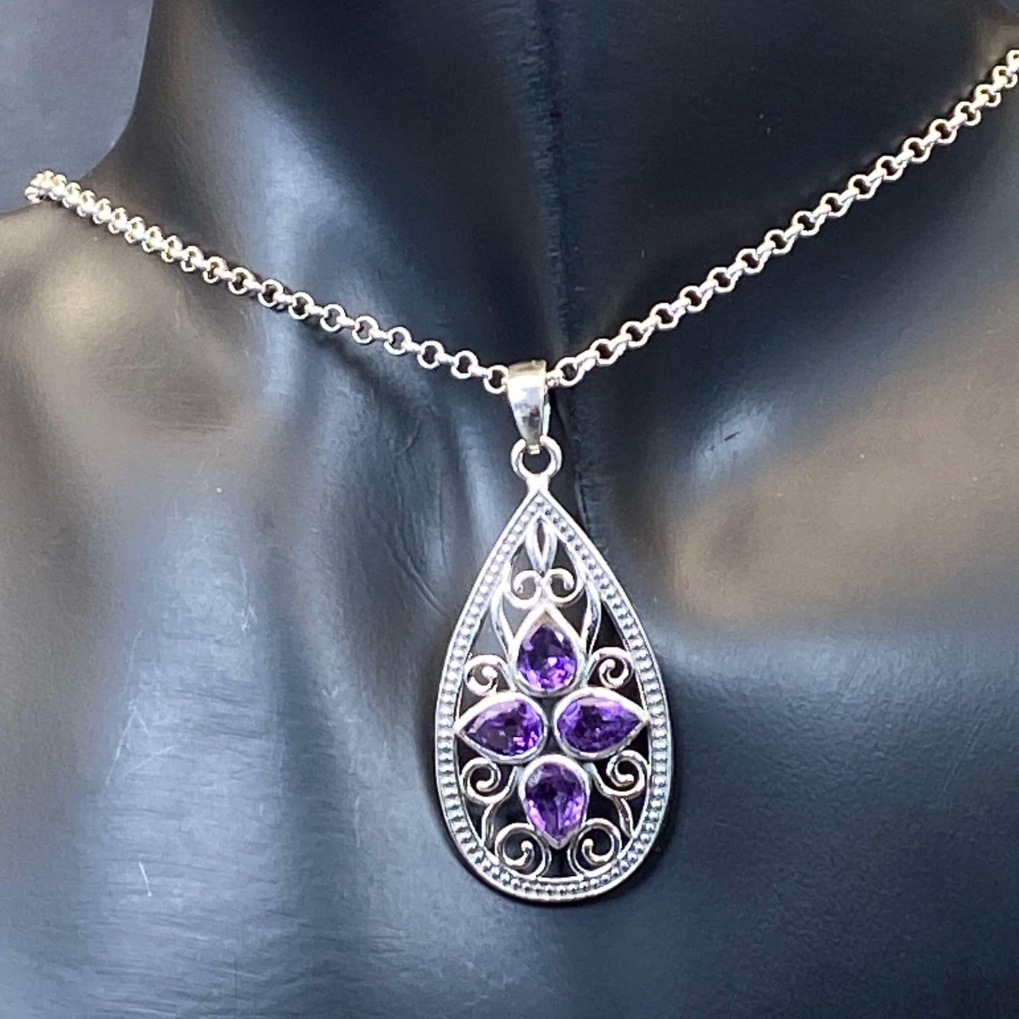 .925 Sterling Silver Amethyst Teardrop Pendant #1