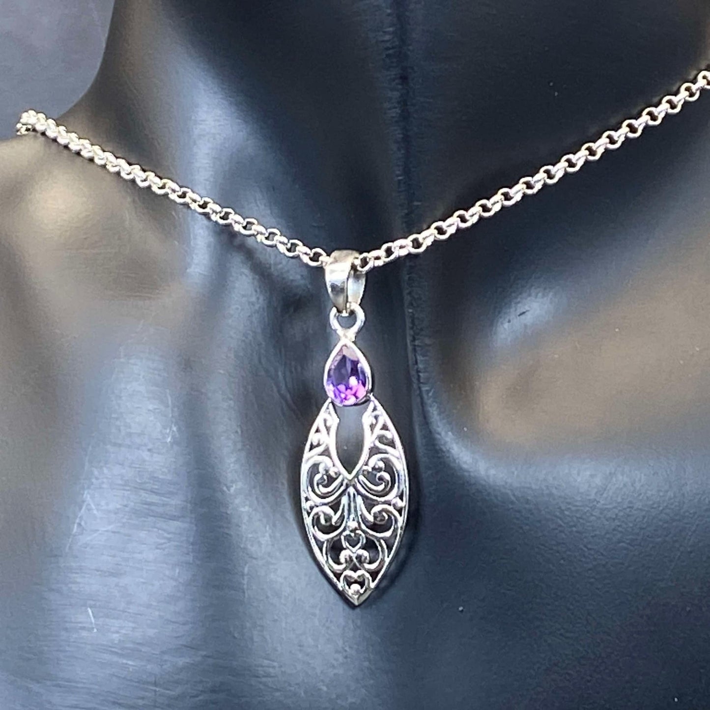 .925 Sterling Silver Amethyst Teardrop Pendant #2