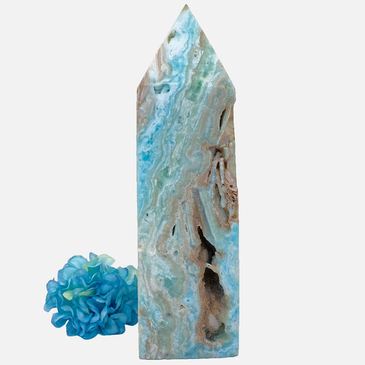 Blue Aragonite with Caribbean Calcite Tower #2 - 14cm