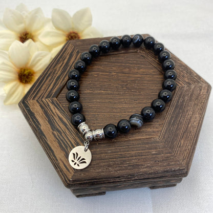 8mm Black Onyx Lotus Charm Stretch Bracelet - Standard & Relaxed-Fit!