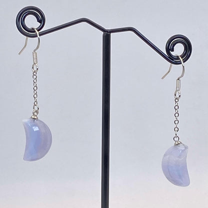 .925 Sterling Silver Blue Lace Agate Moon Earrings