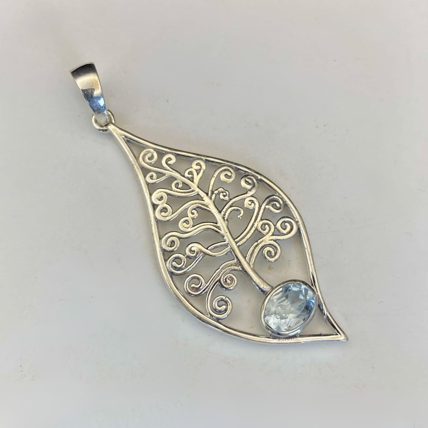 .925 Sterling Silver Blue Topaz Tree of Life Pendant