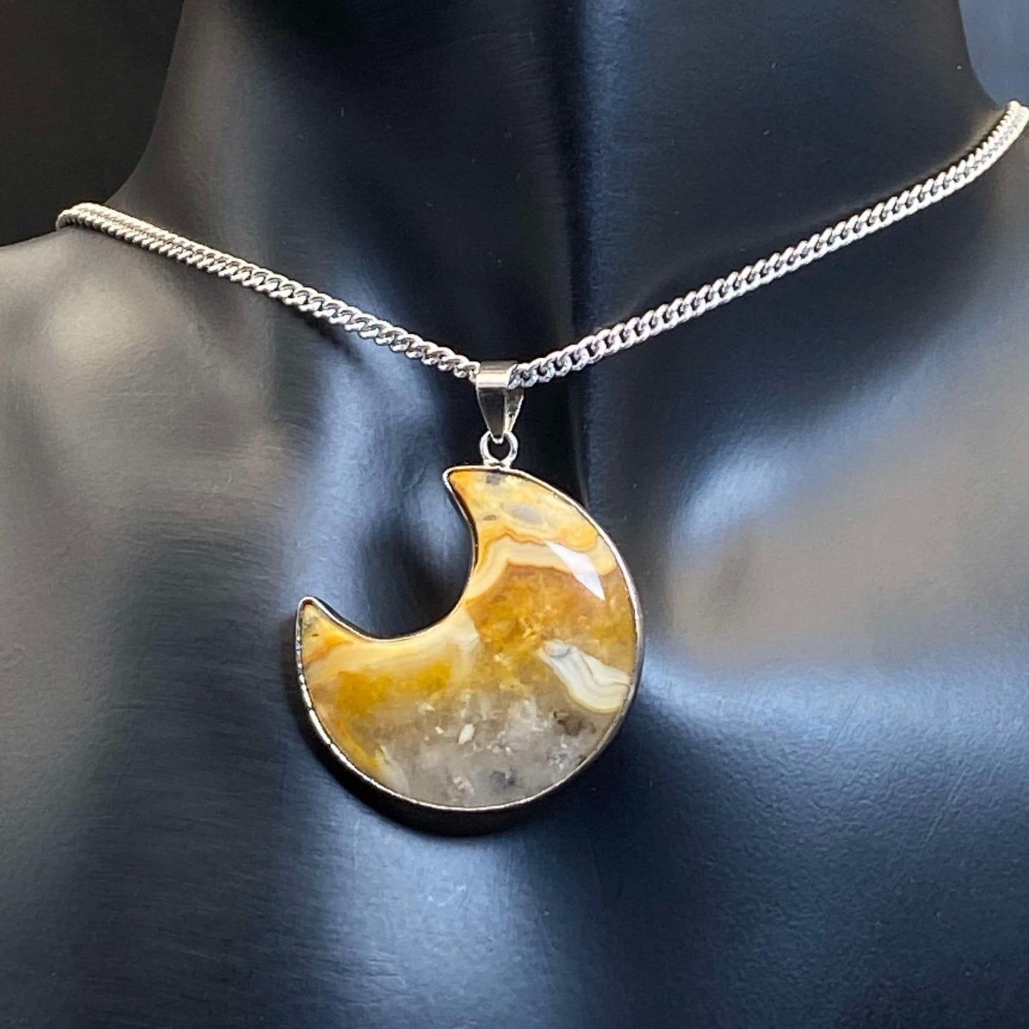 .925 Sterling Silver Crazy Lace Agate Moon Necklace #1