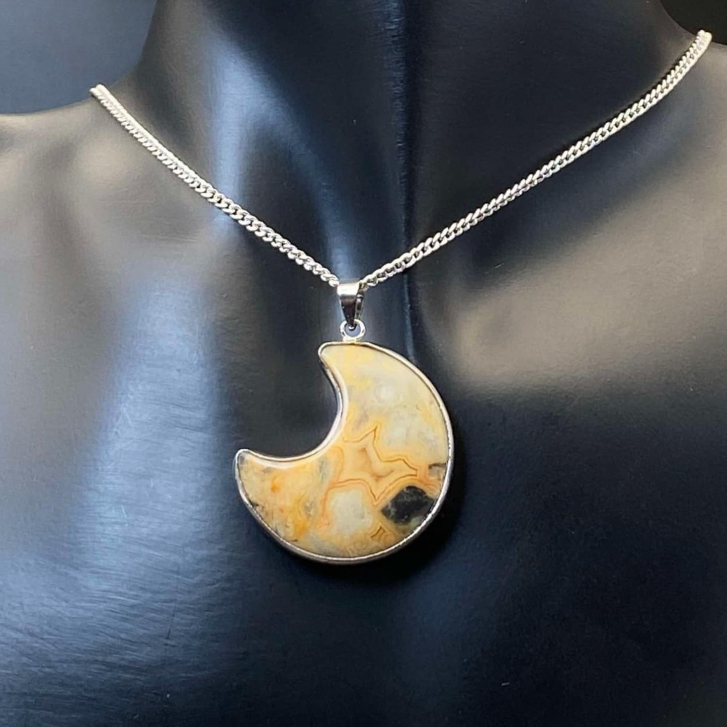 .925 Sterling Silver Crazy Lace Agate Moon Necklace #2