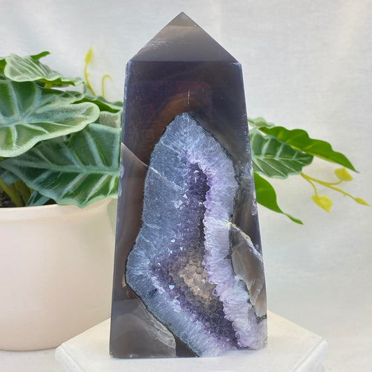 Druzy Blue Agate with Amethyst Slim Tower