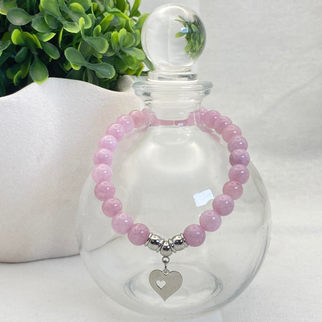 8mm Kunzite Heart Charm Stretch Bracelet - Standard & Relaxed-Fit!