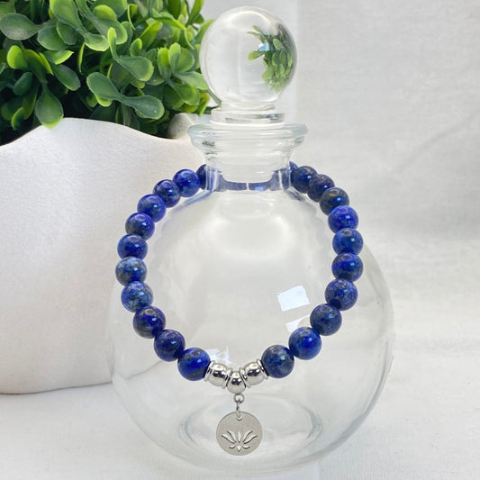 8mm Lapis Lazuli Lotus Charm Stretch Bracelet - Standard & Relaxed-Fit!