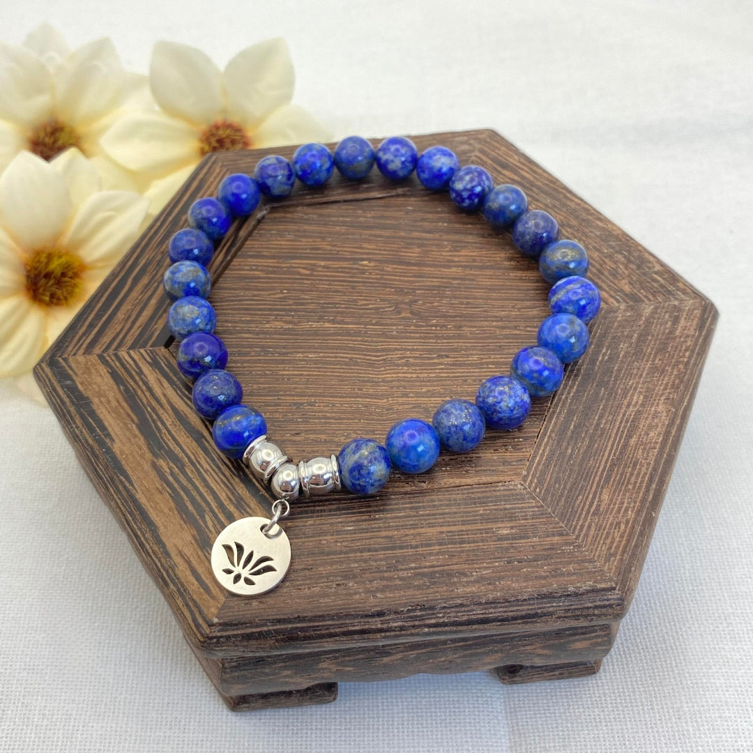 8mm Lapis Lazuli Lotus Charm Stretch Bracelet - Standard & Relaxed-Fit!