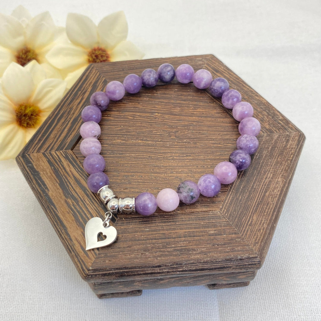 8mm Lepidolite Heart Charm Stretch Bracelet - Standard & Relaxed-Fit!