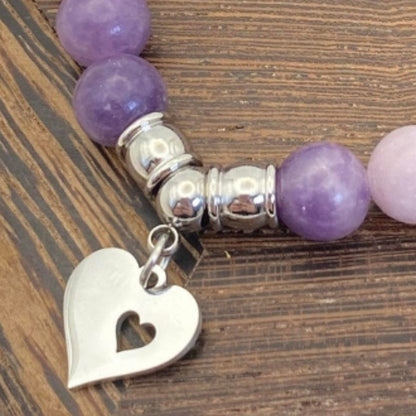 8mm Lepidolite Heart Charm Stretch Bracelet - Standard & Relaxed-Fit!