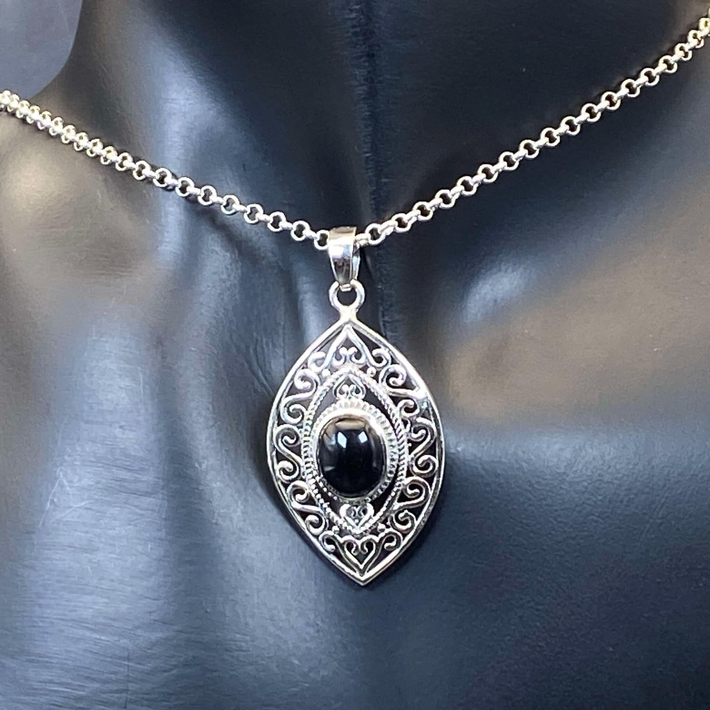 .925 Sterling Silver Black Onyx Marquis Pendant