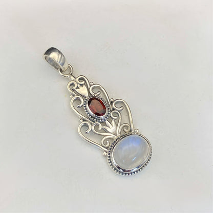 .925 Sterling Silver Rainbow Moonstone & Garnet Pendant