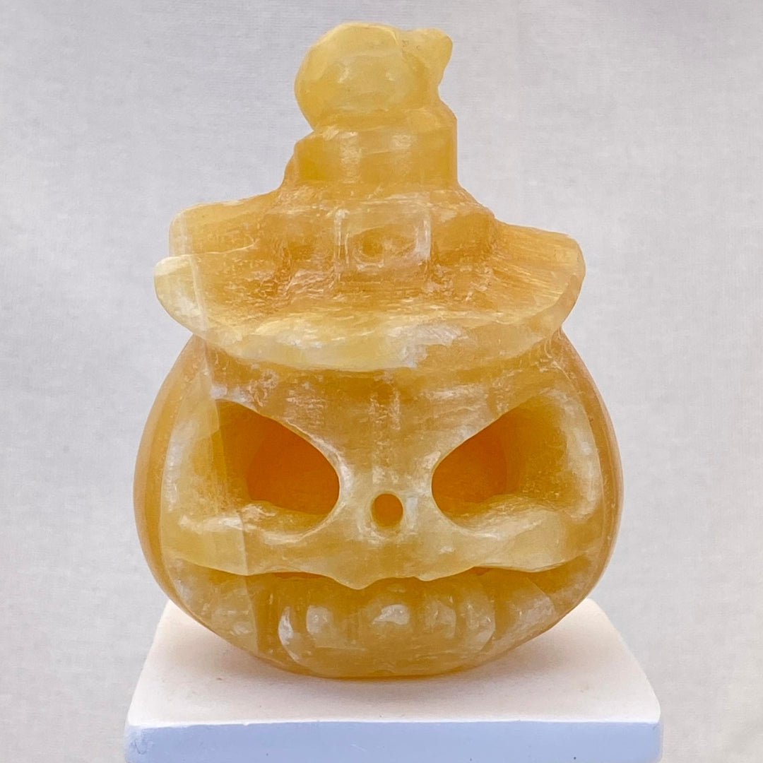 Orange Calcite Pumpkin with Witch Hat - Extra Large