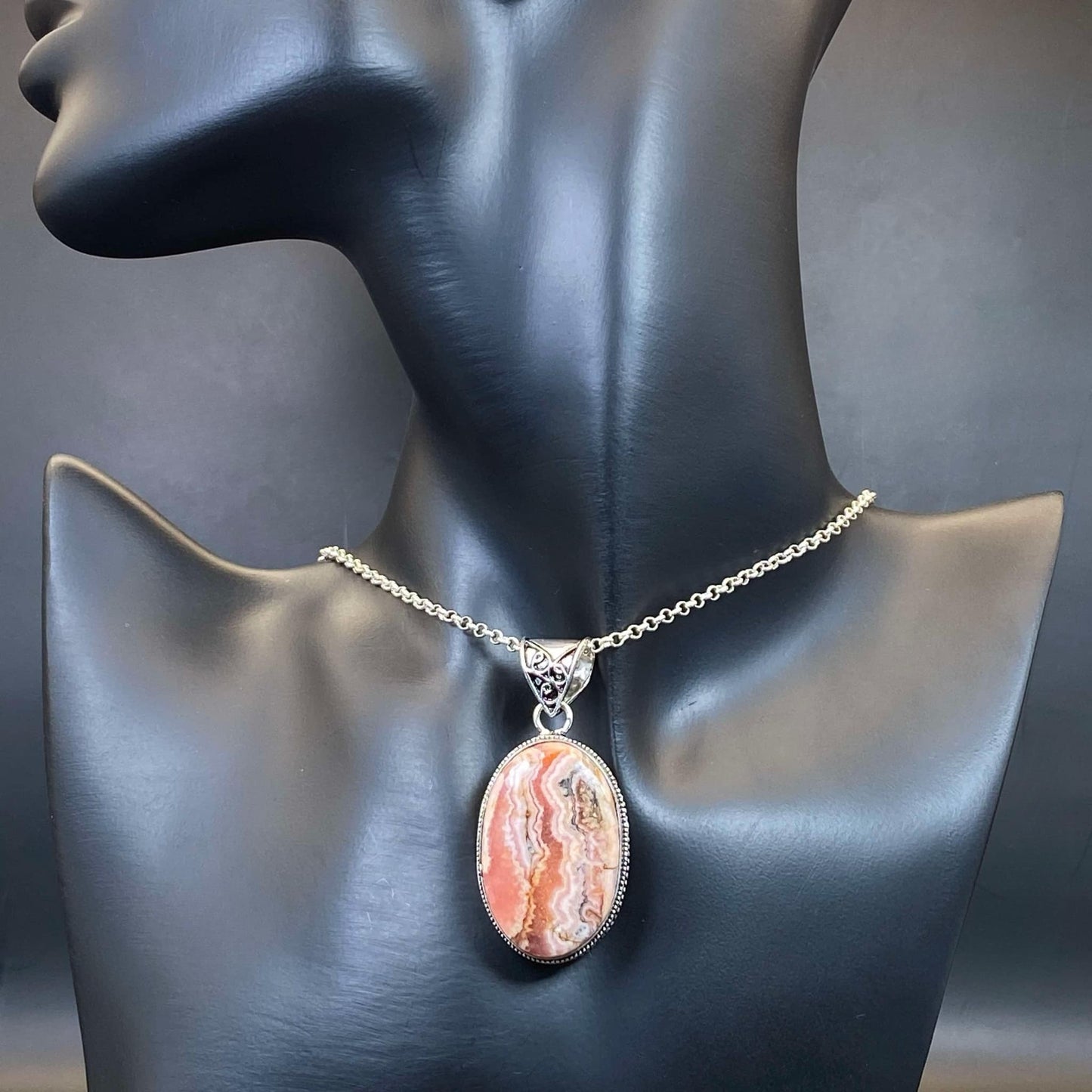 .925 Sterling Silver Rhodochrosite Oval Pendant