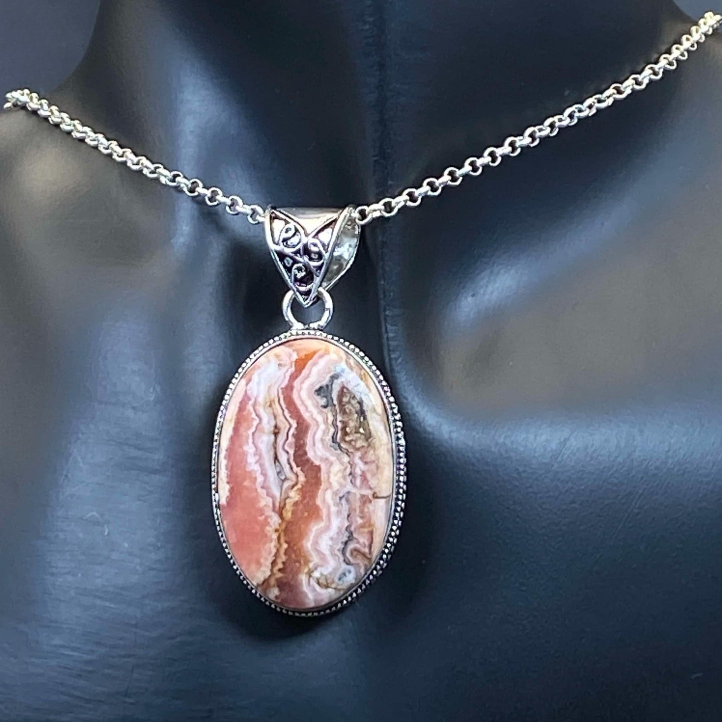 .925 Sterling Silver Rhodochrosite Oval Pendant