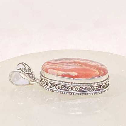 .925 Sterling Silver Rhodochrosite Oval Pendant