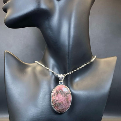 .925 Sterling Silver Rhodonite Pendant - Large