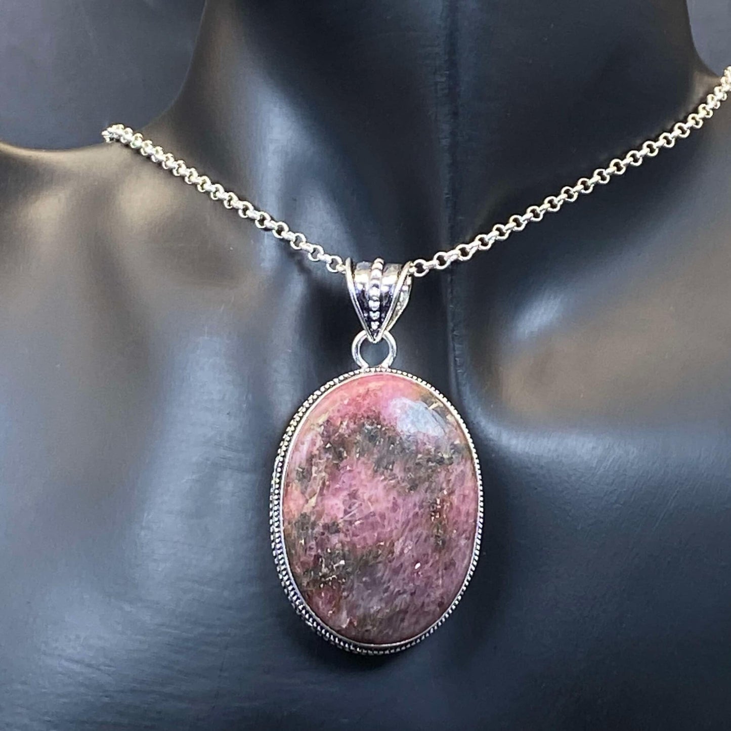 .925 Sterling Silver Rhodonite Pendant - Large