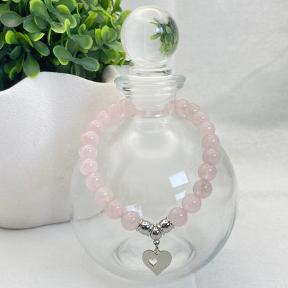 8mm Brazillian Rose Quartz Heart Charm Stretch Bracelet - Standard & Relaxed-Fit!