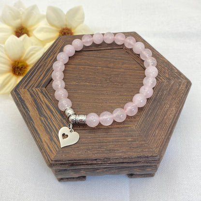 8mm Brazillian Rose Quartz Heart Charm Stretch Bracelet - Standard & Relaxed-Fit!