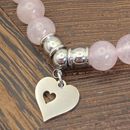 8mm Brazillian Rose Quartz Heart Charm Stretch Bracelet - Standard & Relaxed-Fit!