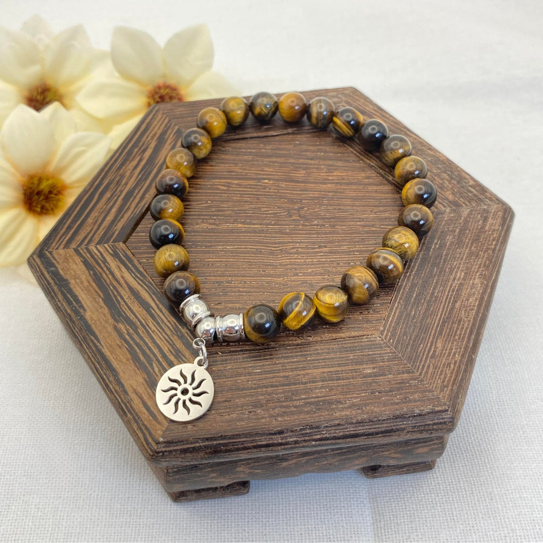 8mm Tiger's Eye Sun Charm Stretch Bracelet - Standard & Relaxed-Fit!