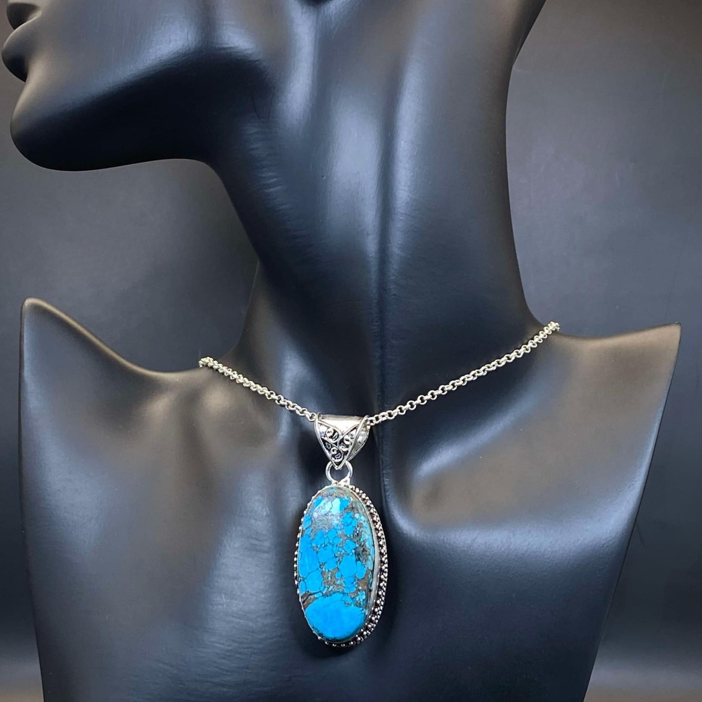 .925 Sterling Silver Tibetan Turquoise Oval Pendant #1