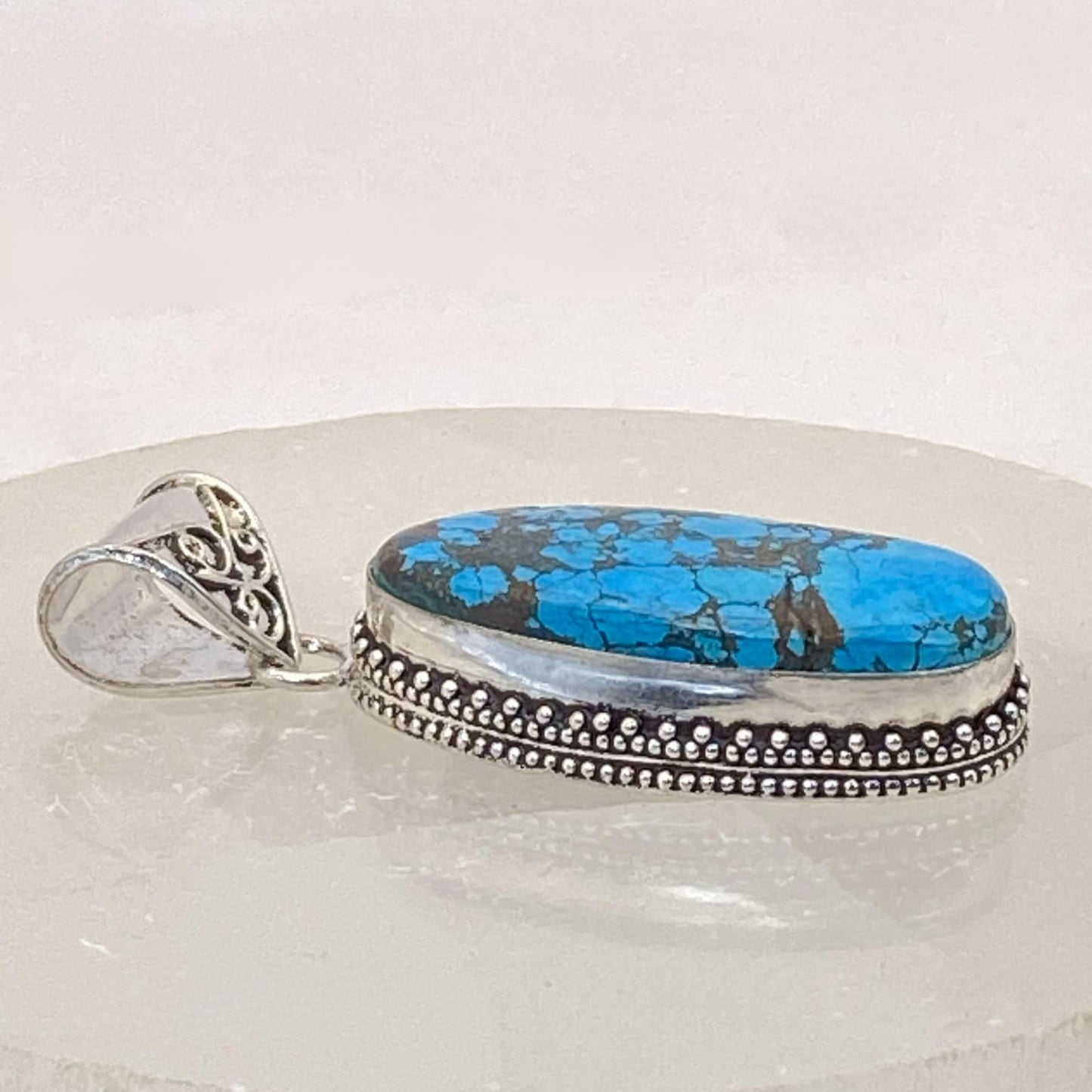 .925 Sterling Silver Tibetan Turquoise Oval Pendant #1