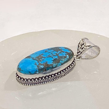 .925 Sterling Silver Tibetan Turquoise Oval Pendant #1