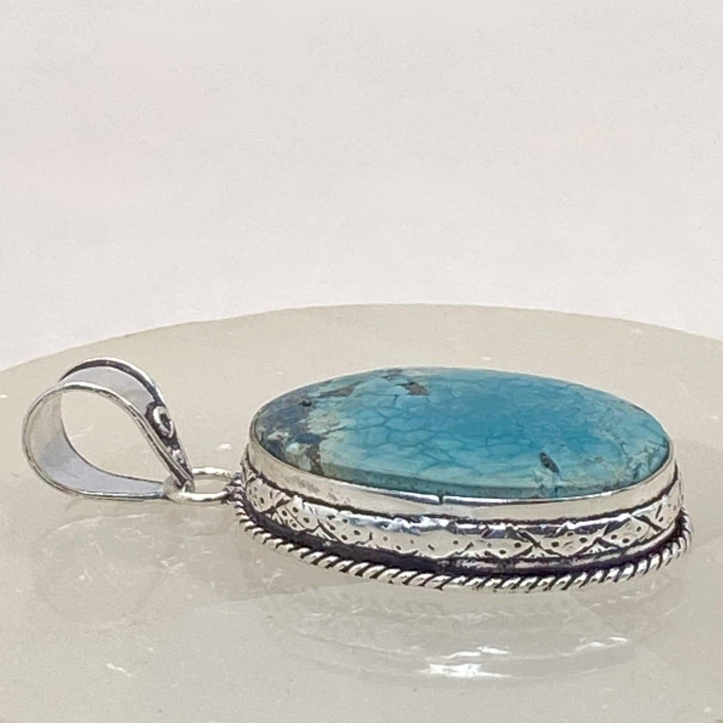 .925 Sterling Silver Tibetan Turquoise Oval Pendant #2