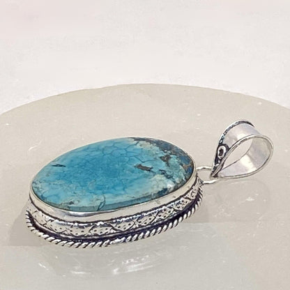 .925 Sterling Silver Tibetan Turquoise Oval Pendant #2