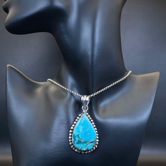 .925 Sterling Silver Tibetan Turquoise Teardrop Pendant #4 - Large