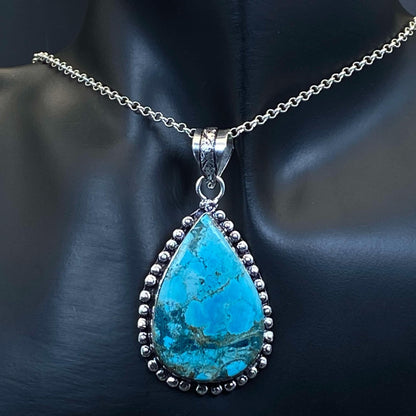 .925 Sterling Silver Tibetan Turquoise Teardrop Pendant #4 - Large