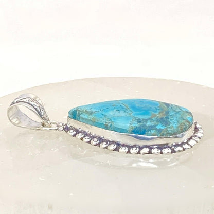 .925 Sterling Silver Tibetan Turquoise Teardrop Pendant #4 - Large