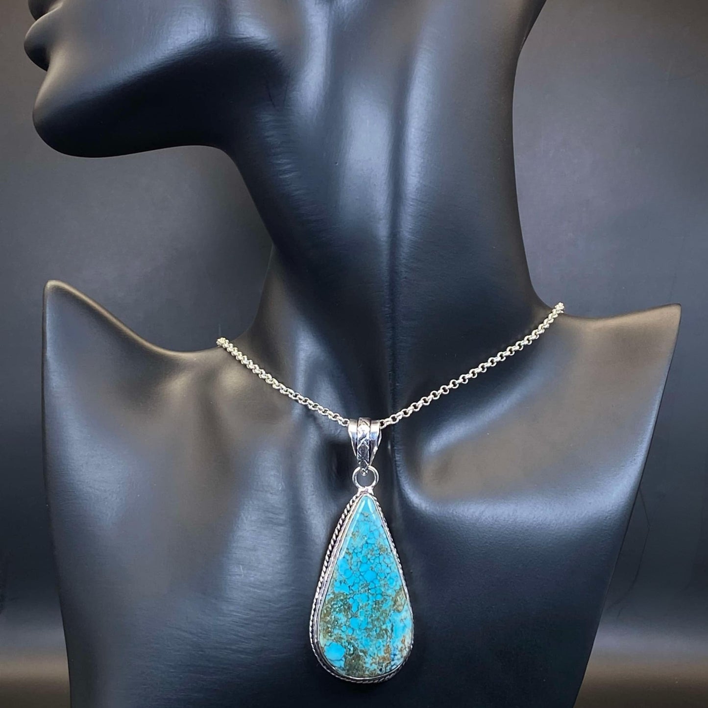 .925 Sterling Silver Tibetan Turquoise Teardrop Pendant #5 - Large