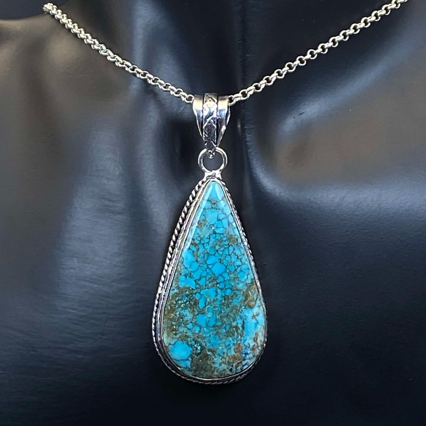 .925 Sterling Silver Tibetan Turquoise Teardrop Pendant #5 - Large