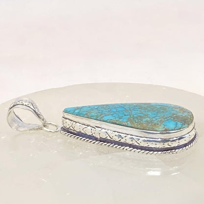 .925 Sterling Silver Tibetan Turquoise Teardrop Pendant #5 - Large