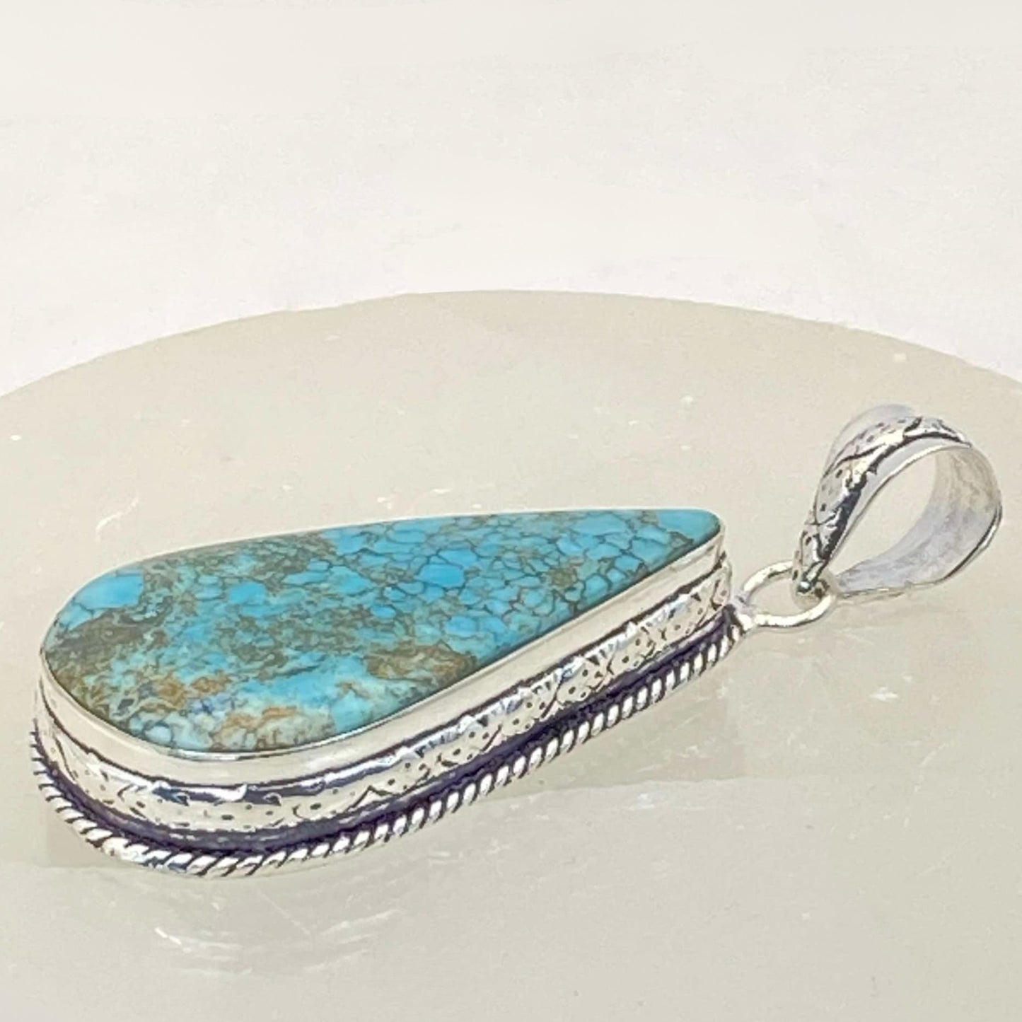 .925 Sterling Silver Tibetan Turquoise Teardrop Pendant #5 - Large